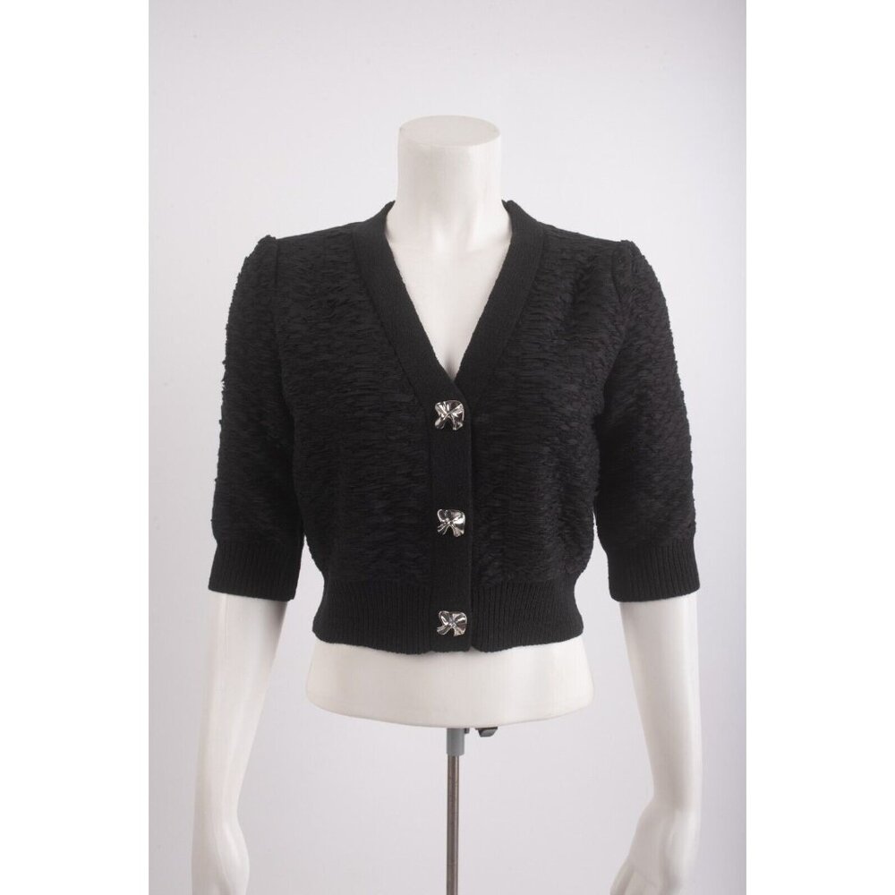 Zara NWT Black Cropped V-Neck Knit Cardigan with Crystal Buttons